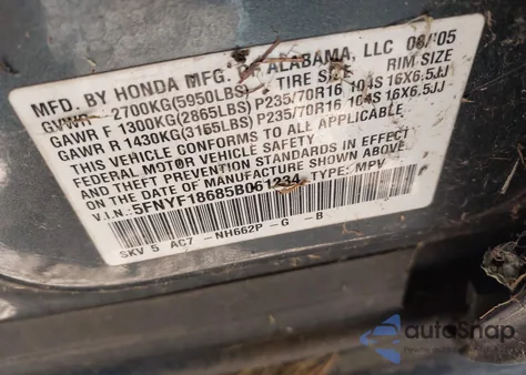 2005 Honda Pilot Ex-L from USA, damaged, VIN 5FNYF18685B061234